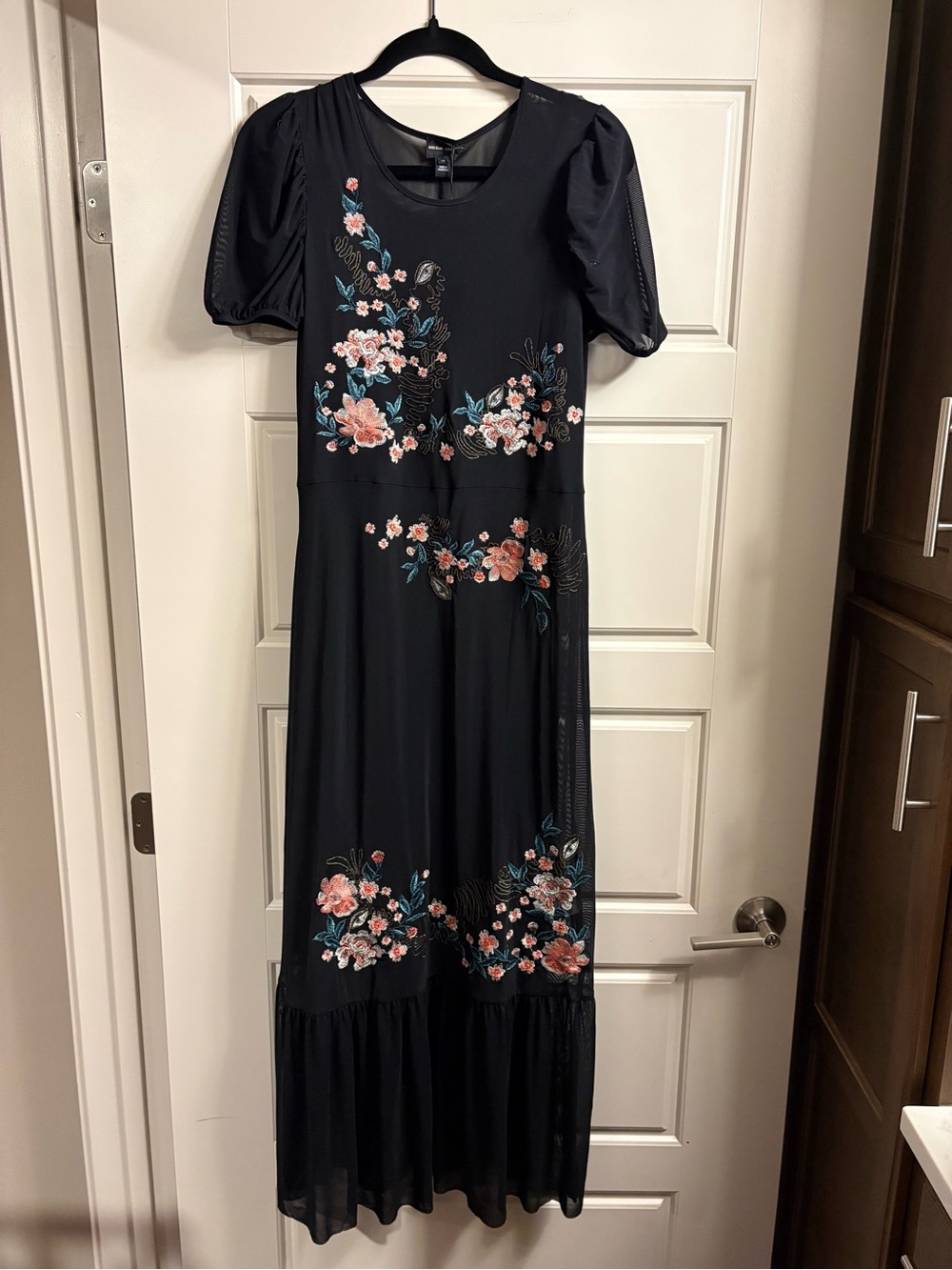 River Island Black Maxi Dress with Pink & Teal Floral Embroidery